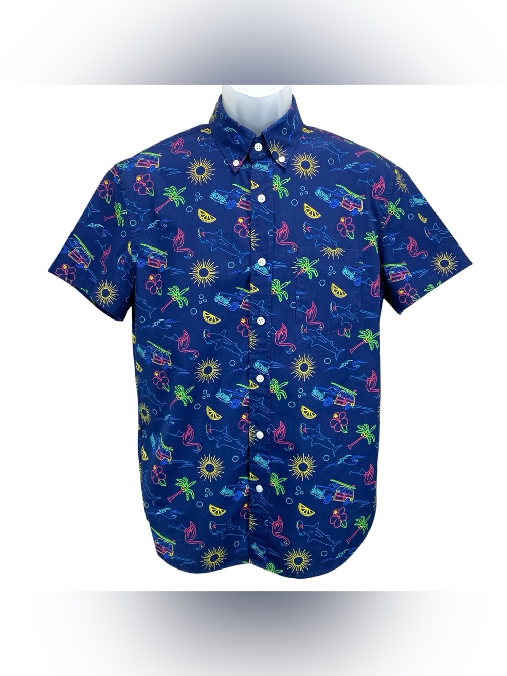 J.Crew Flex Washed Men’s Medium Button Down Shirt Blue Beach Print Slim Fit